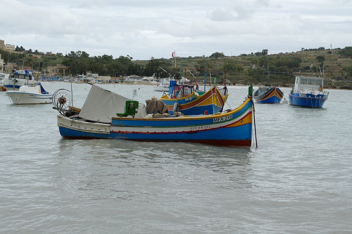 Barques de pêche colorées luzzu dans le port de Marsaxlokk, à Malte